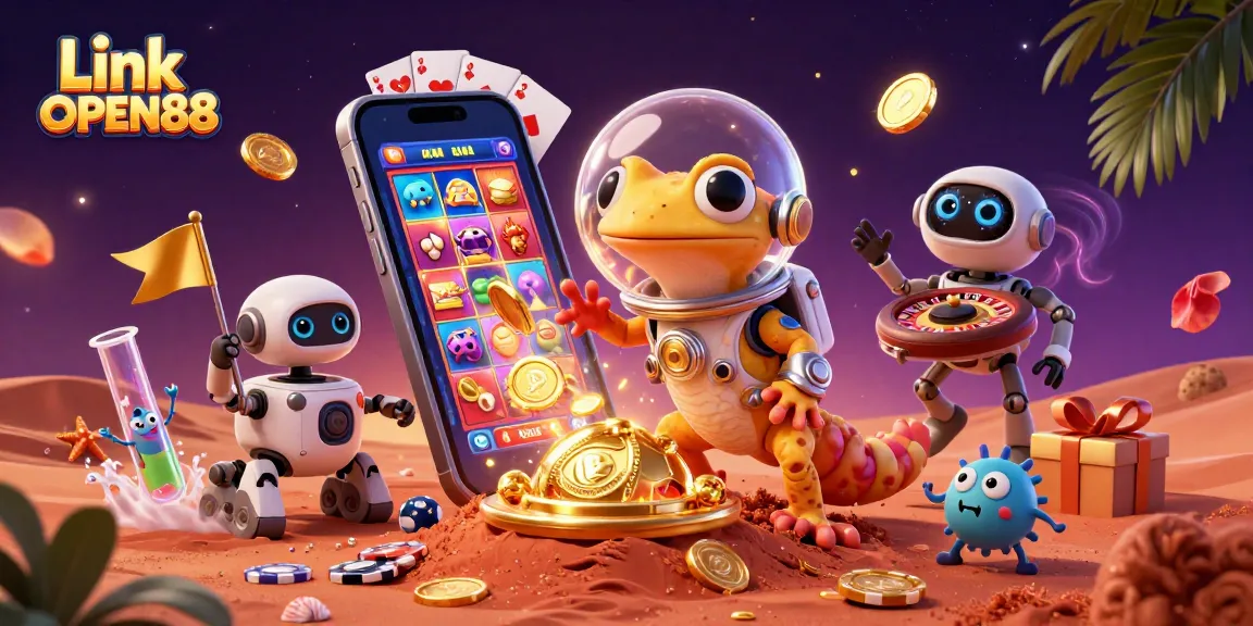 Engage with Link OPEN88 in a vibrant 3D illustration, showcasing a Martian gecko at a golden casino.