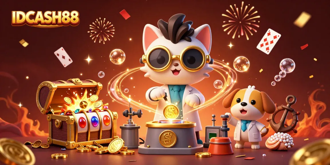 Experience engaging spins with IDCASH88's dynamic slots in a vibrant 3D scene.