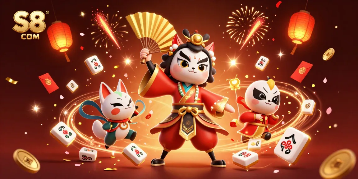 Engage with S8 COM, featuring lively 3D characters in immersive casino activities surrounded by festive decorations.