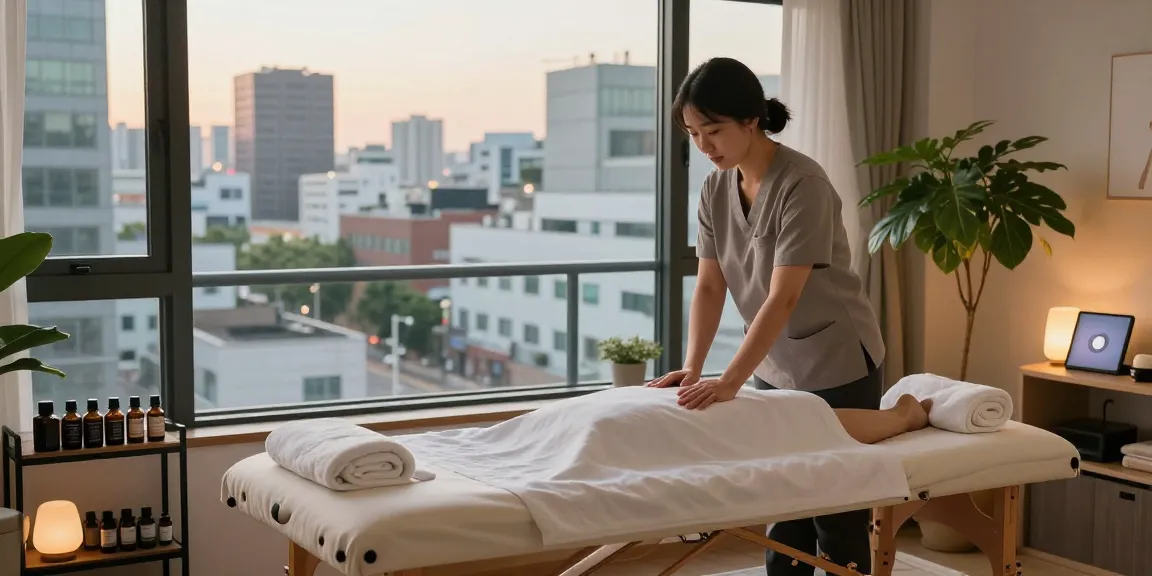 서울출장마사지 session in a vibrant urban space with essential oils and a calming atmosphere.