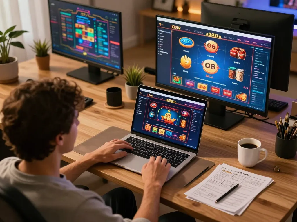 Person engaged in online gaming at O8, featuring casino interface and strategy notes.