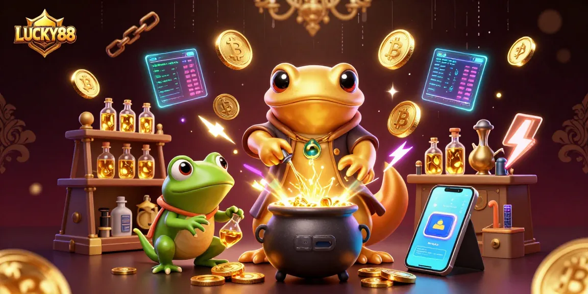 LUCKY88 showcases a dynamic casino scene with gold magic and crypto elements enhancing player engagement.