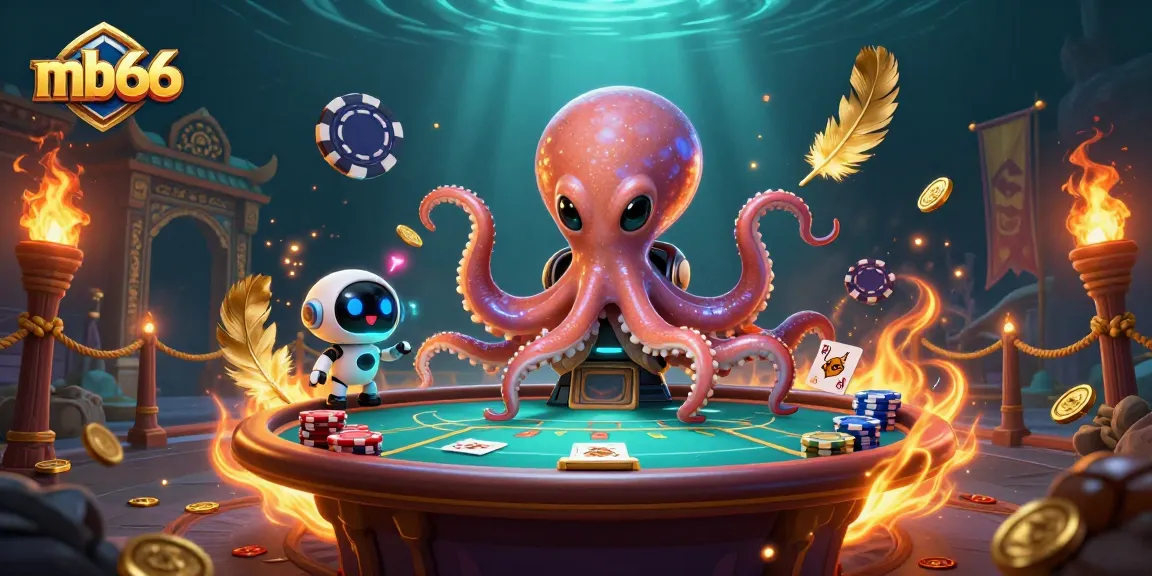 Engage in thrilling gameplay with mb66 at a holographic poker table featuring an alien octopus and robot companion.