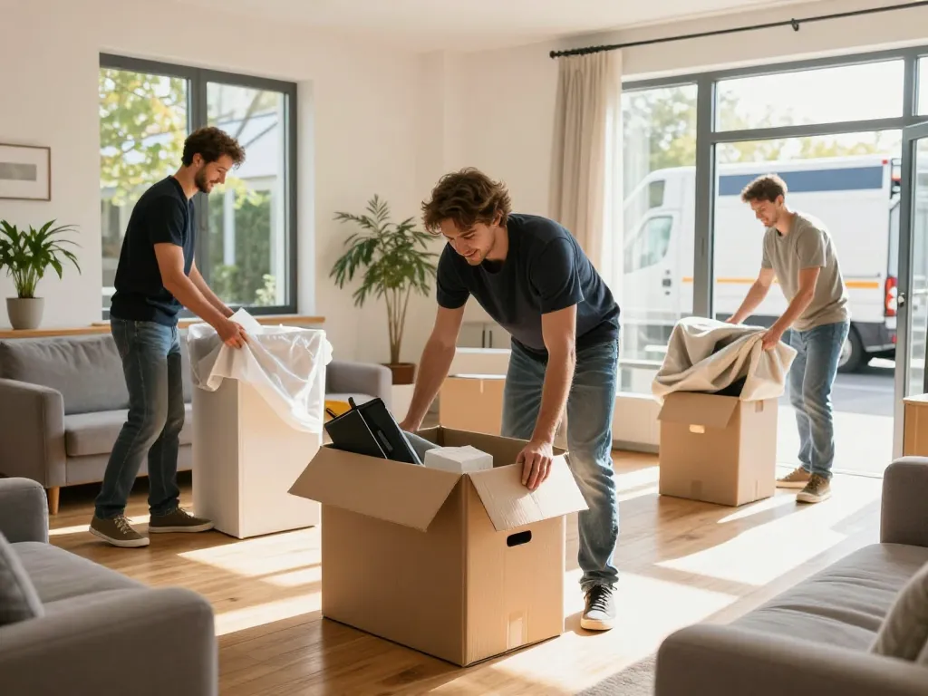 Haushaltsgegenstände mit professionellen Umzugsunternehmen aus umzugsunternehmen Hannover in einem hellen Wohnzimmer packen.