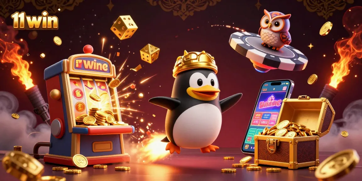 Experience the thrill of 11 win with a golden penguin racing toward a casino chip in a vibrant 3D universe.