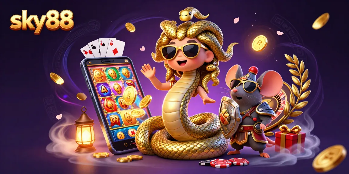 Sky88 offers a vibrant 3D casino scene with Medusa and gold coins for engaging gameplay.