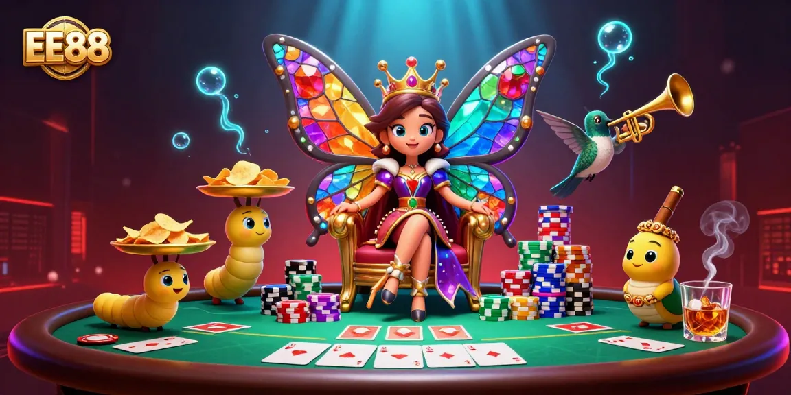 Experience the excitement of EE88 with a vibrant 3D casino scene showcasing poker elements.