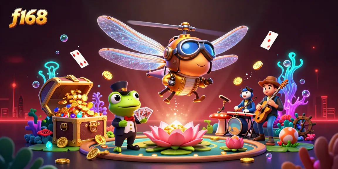 Experience thrilling gaming action at f168, featuring a lively scene with a dragonfly pilot and frog dealer in a vibrant casino.