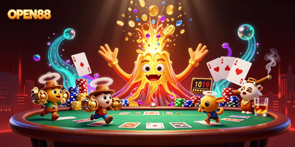 Experience thrills at OPEN88 with a gold volcano erupting treasure amidst vibrant poker elements.