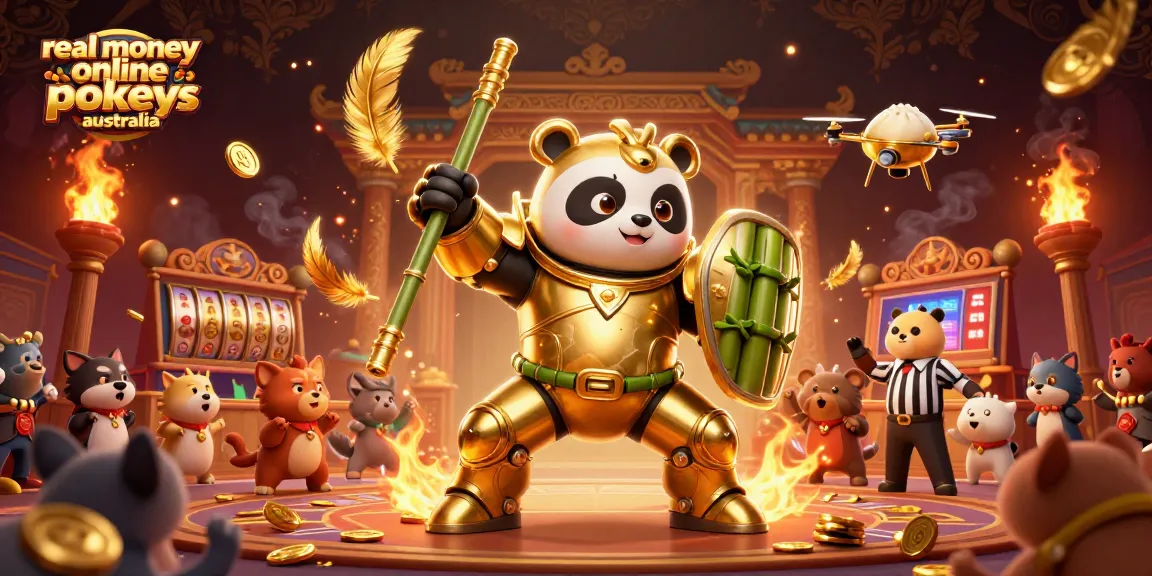 Engage in real money online pokies Australia with a thrilling 3D panda robot battle scene.