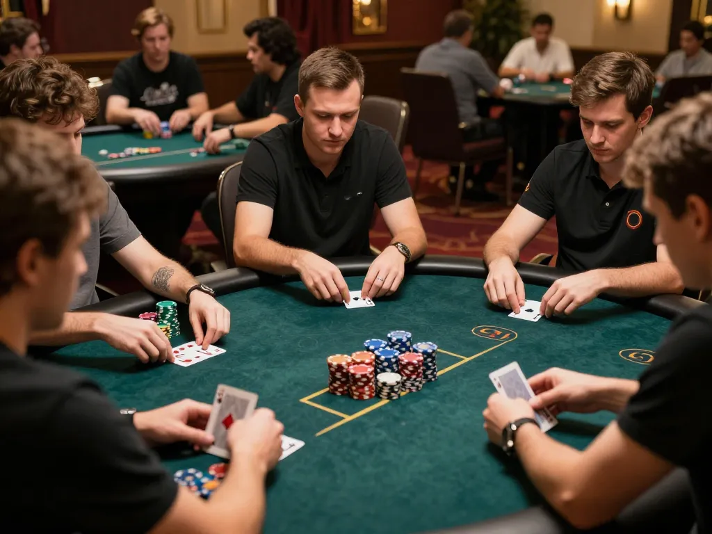 Players strategize and bet at a 79win poker table in an upscale casino, showcasing competitive gameplay.
