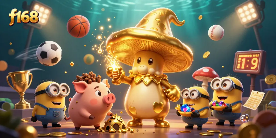 Experience f168's magical world with golden wonders and dynamic sports elements in this vibrant 3D illustration.