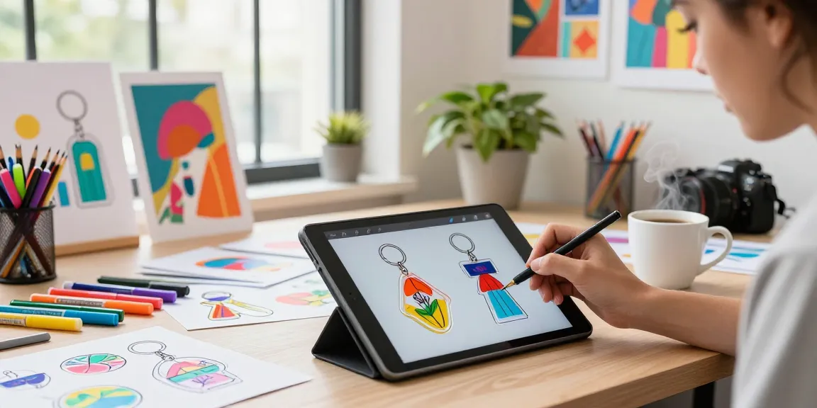 Designing innovative acrylic keychains in a creative workspace with vibrant artworks.