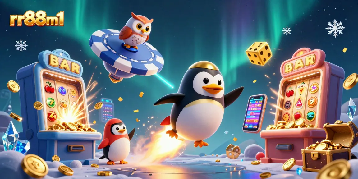 Experience thrilling gaming with rr88m1 as a golden penguin blasts through a dazzling casino space.