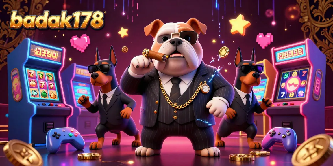 Engage in thrilling gameplay with badak178, where a mafia bulldog oversees vibrant slots and neon gaming elements.