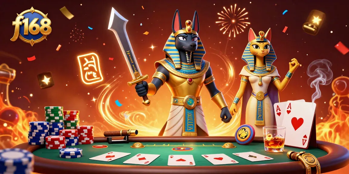 Experience dynamic gameplay at f168 with Anubis and Bastet amidst floating poker elements and vibrant atmosphere.