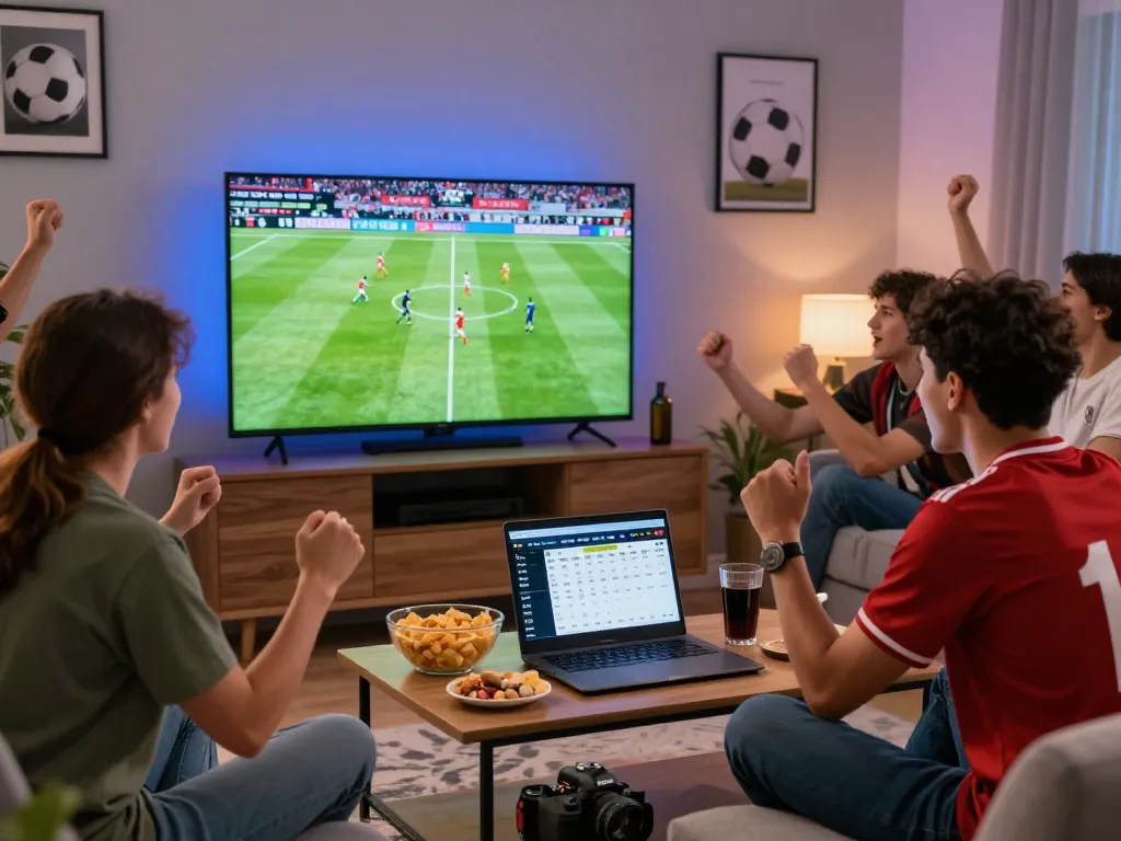 Watch live football matches on https://luongson117.tv/ in a lively home setting with friends and snacks.
