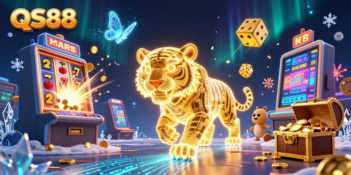 Experience QS88 in an electrifying digital casino with vibrant game elements and a golden energy tiger.