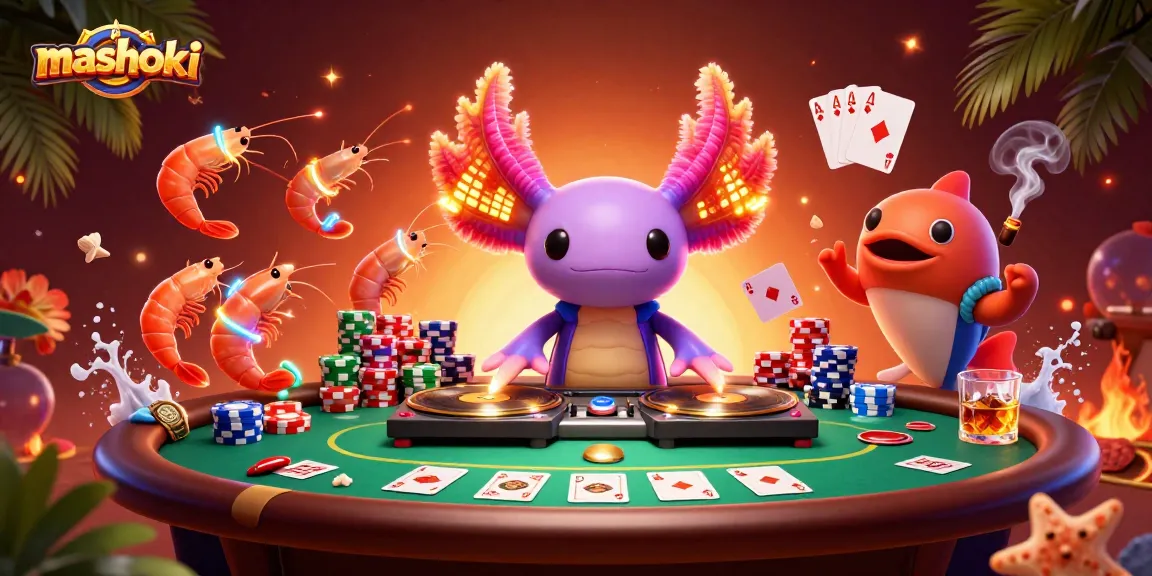Engage with mashoki-themed casino action featuring an axolotl DJ and vibrant poker elements.
