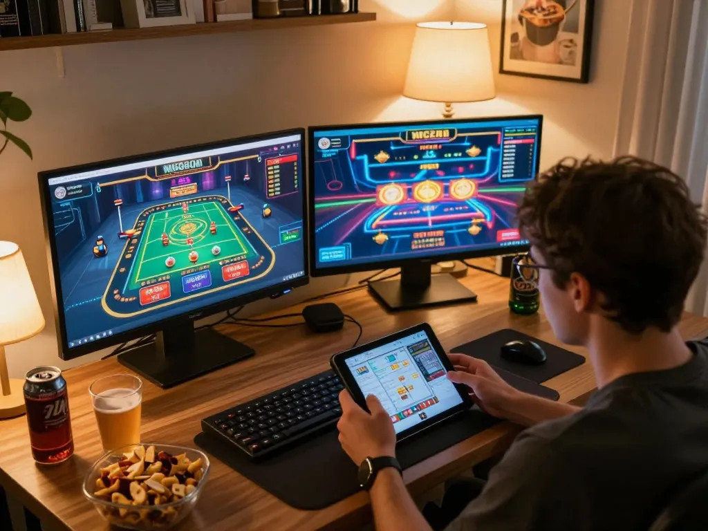 Engaged player analyzing strategies on smartphone and tablet in a cozy home setup, showcasing lc888 online gambling.