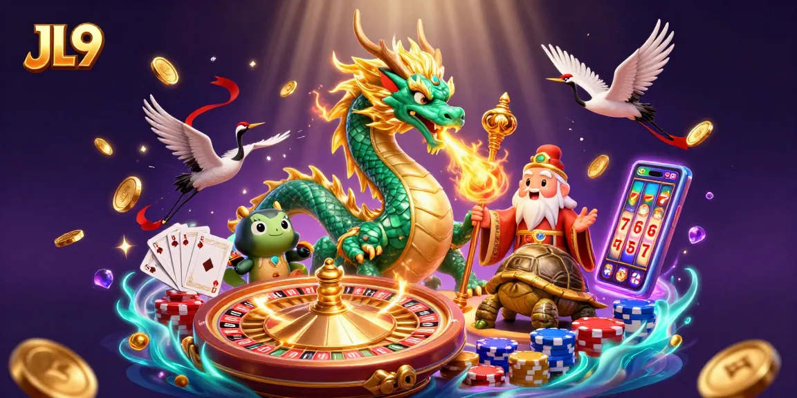 Bet big with JL9, featuring a vibrant casino scene of lucky dragons and cranes amidst golden coins.