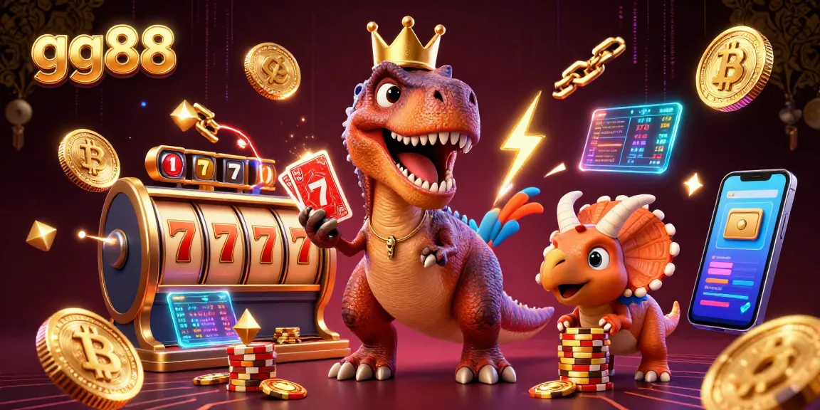 Experience the vibrant world of gg88 with cartoon dinosaurs engaged in thrilling casino games.