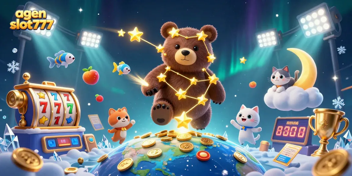 Win big today with agen slot777, featuring a colorful 3D illustration of cosmic characters and slot gaming elements.