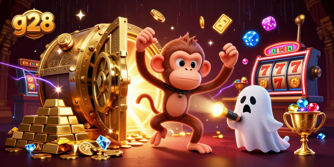 Engage in g28 casino thrills as a playful poltergeist monkey juggles golden treasures in a haunted scene.