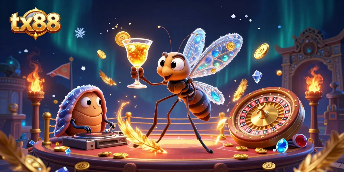 Experience the thrilling atmosphere of tx88 with an amber mosquito mascot, DJ trilobite, and golden roulette wheel.