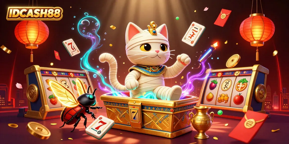 Spin the reels at IDCASH88 with an Egyptian mummy cat in a glamorous casino scene.