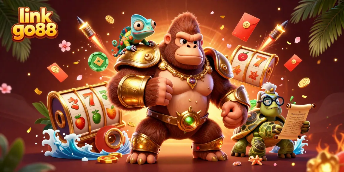 Spin and win with link go88 in this vibrant and detailed casino digital art featuring a gorilla king and gaming symbols.