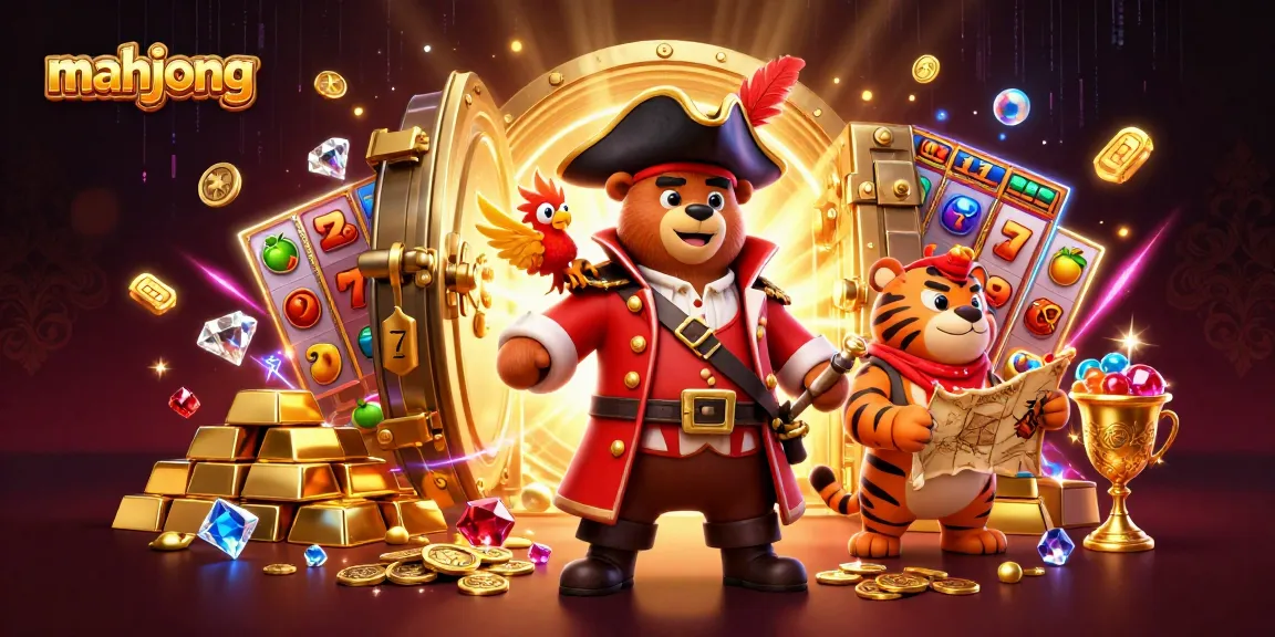 Engage in mahjong gameplay amidst a vibrant pirate-themed treasure illustration filled with gems and gold.