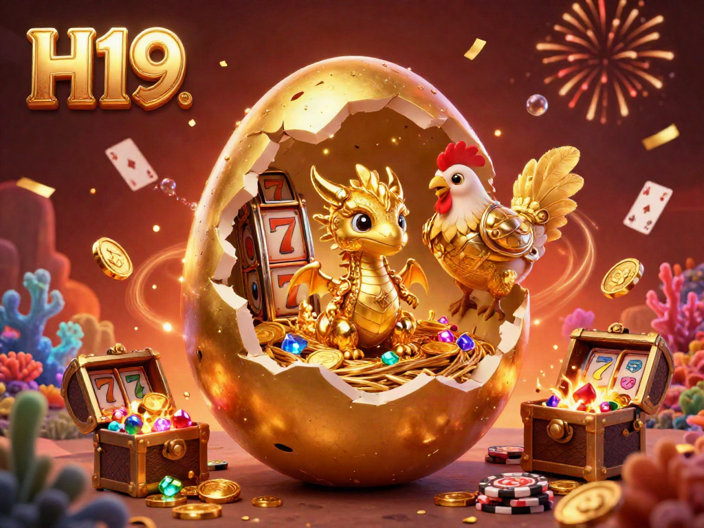 Experience the thrill of H19 with a captivating gold-themed casino illustration featuring vibrant elements of luck and prosperity.