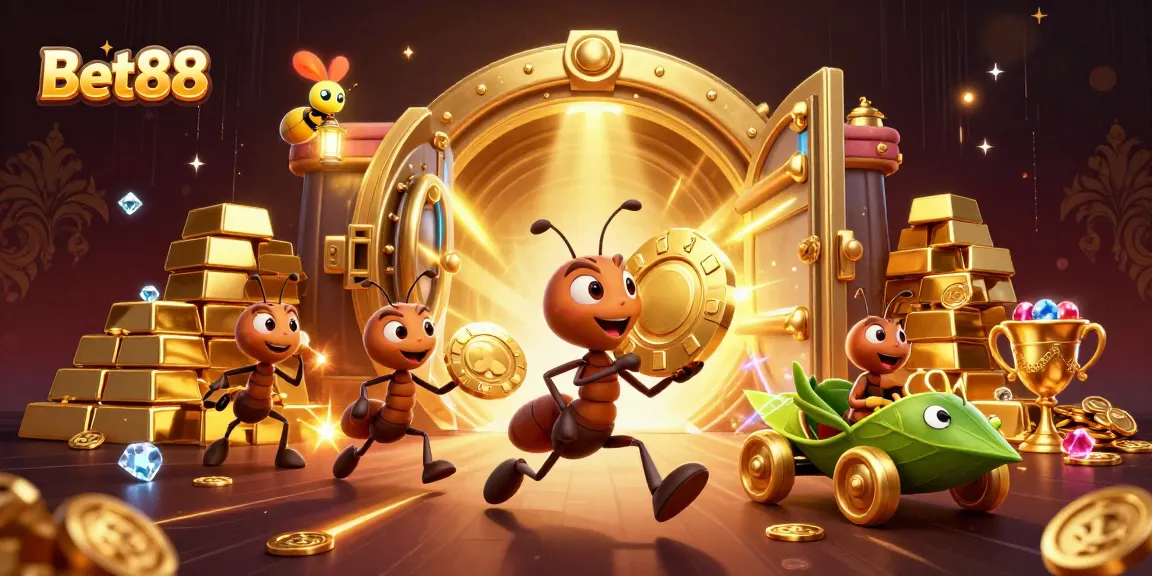Bet88 ants celebrating a heist, showcasing endless riches amidst a vibrant casino atmosphere.