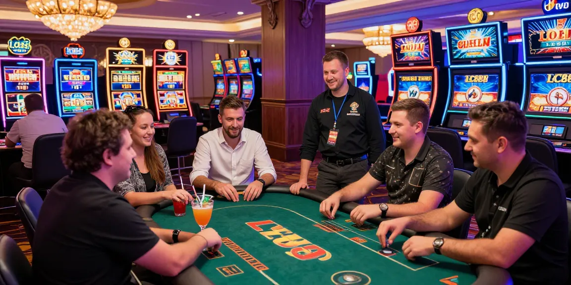 Exciting LC88 casino scene with diverse players enjoying slots, live games, and sports betting, vibrant atmosphere.