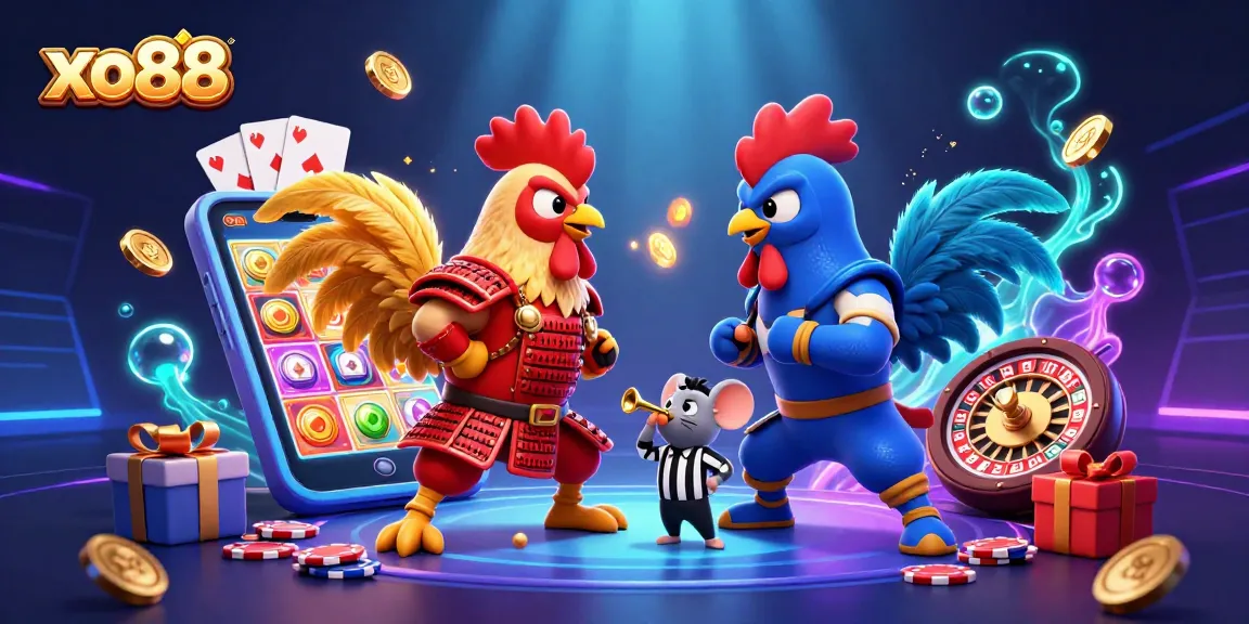 Engage in winning strategies with xo88's vibrant 3D cartoon fighting roosters illustration.