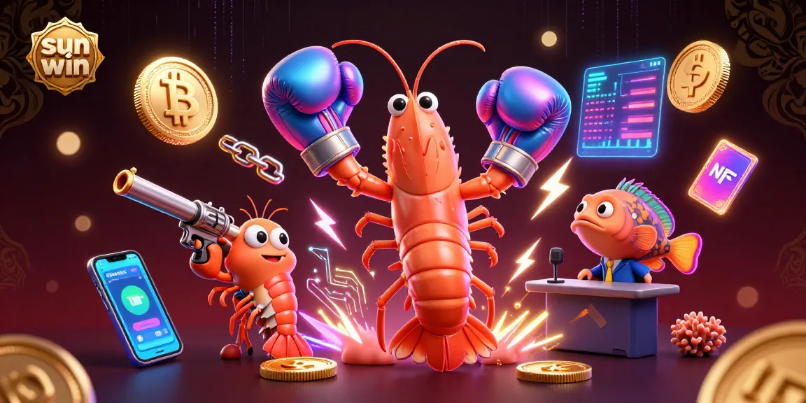 Engage with sun win as casino characters battle amid floating crypto coins and vibrant game elements.