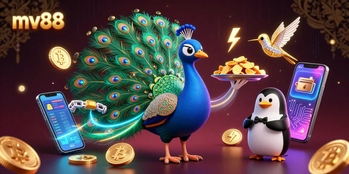 Bet and win with MV88, featuring vibrant 3D characters and dynamic cryptocurrency elements in a casino setting.