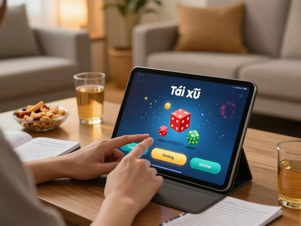 Engaging with app tài xỉu online on a tablet in a cozy living room setting.