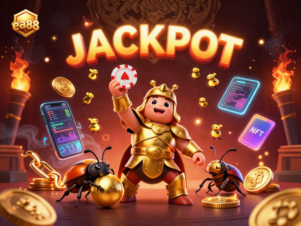 ea88 casino features a heroic beetle winning with poker chips amidst vibrant crypto elements.