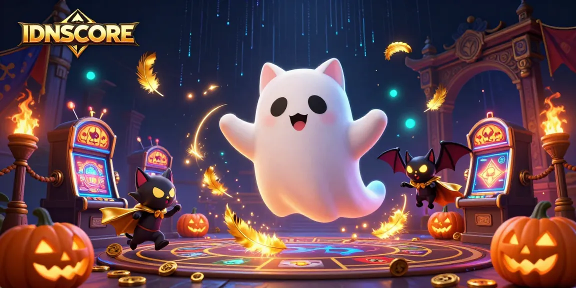 Experience IDNSCORE in a vibrant haunted casino featuring playful ghost cat and gaming elements.