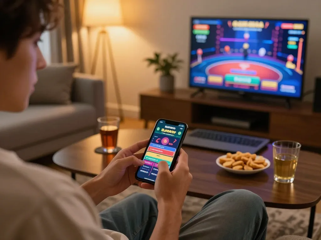 Playing on the sunwin app in a cozy home setting, showcasing a smartphone and laptop for online gambling.