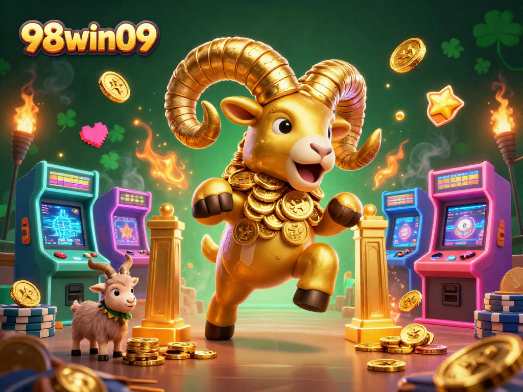 Engage with 98win09 at an exhilarating casino adventure with golden ram charging through gold-filled gates.