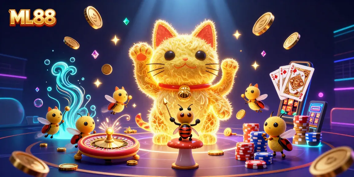 ML88 energizes gameplay with vibrant casino symbols and a lucky cat in a lively, dynamic setting