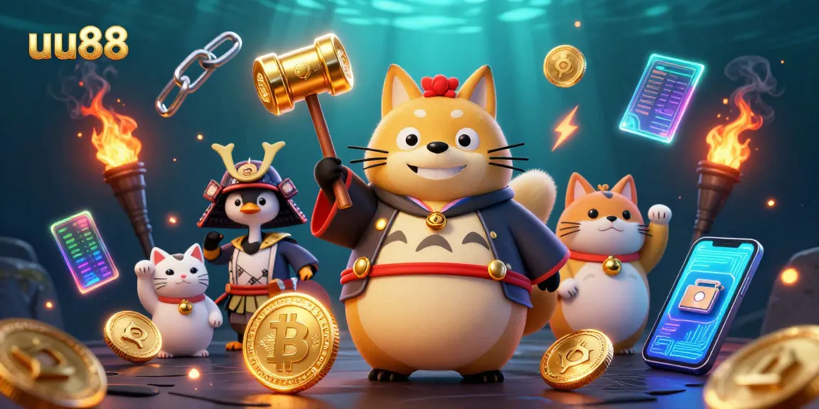 Engage with uu88 featuring cheerful tanuki and samurai crane in a vibrant casino setting full of crypto elements.
