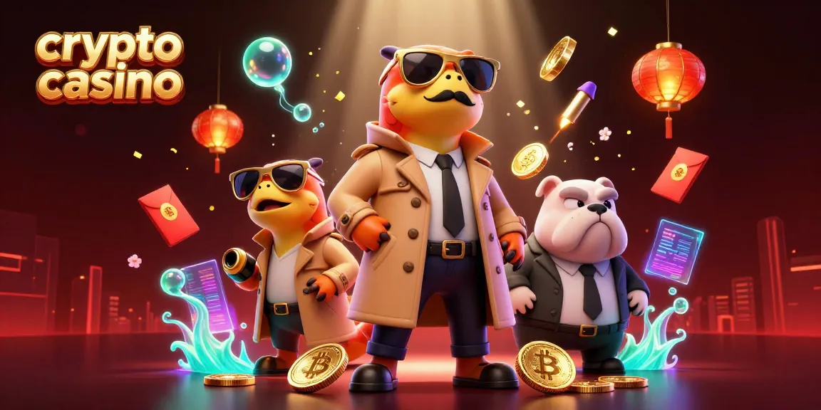 Jouez au crypto casino avec des raptors en trench coat tentant d'entrer, entourés de pièces Bitcoin et d'éléments blockchain.