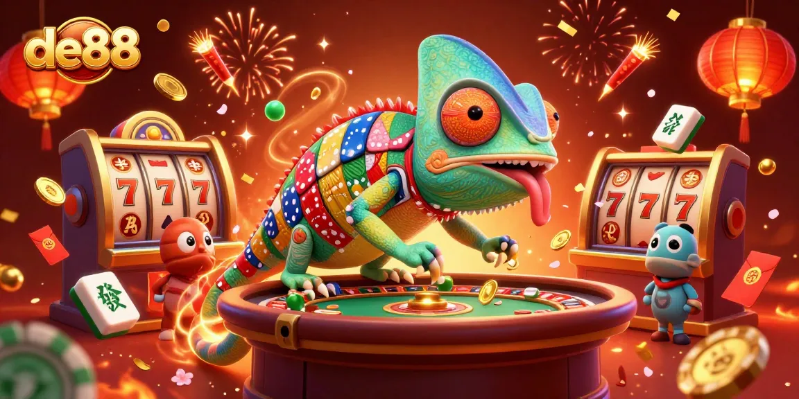 Experience the thrill of winning at de88 with vibrant casino elements and a charming chameleon owner.