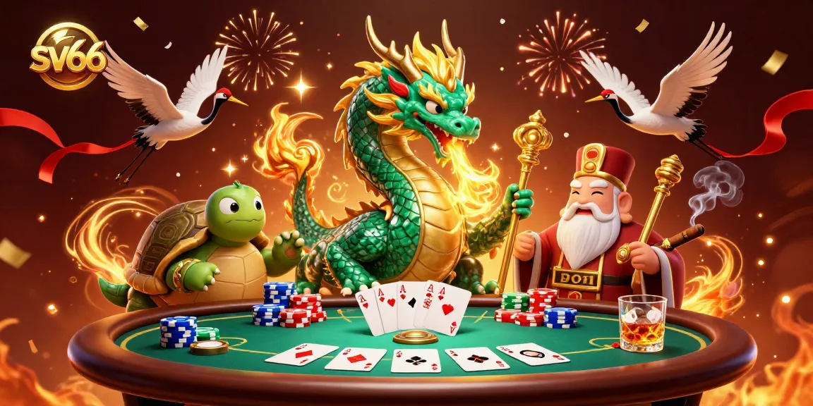 Experience thrill at sv66 with a jade dragon, poker chips, and vibrant casino elements.