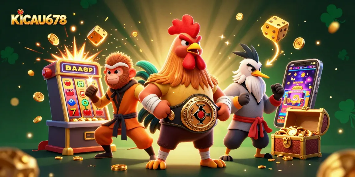 KICAU678 brings excitement with a dynamic 3D scene of a rooster, monkey, and crane amidst exploding slot machines.