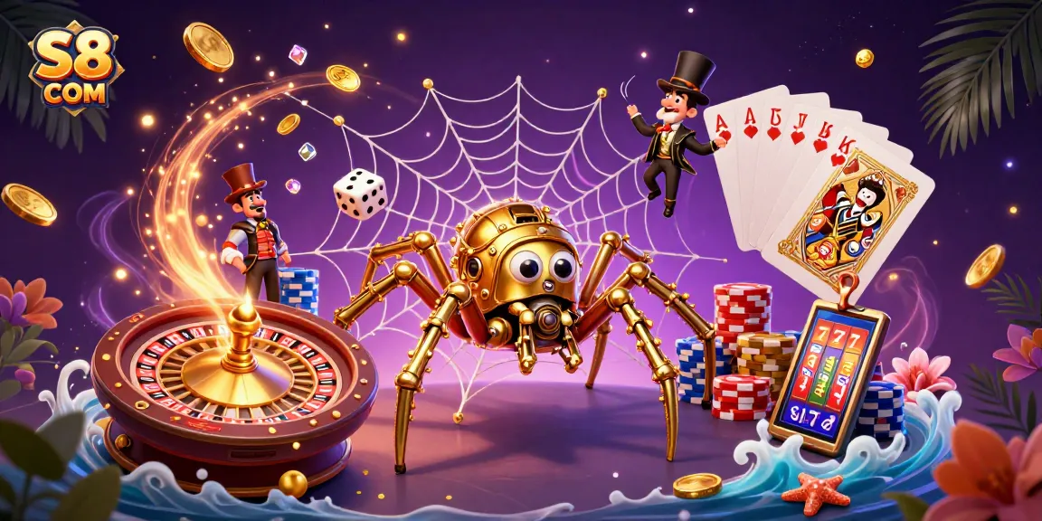 Experience thrilling action at S8 COM with a golden spider capturing dice in a vibrant casino scene.
